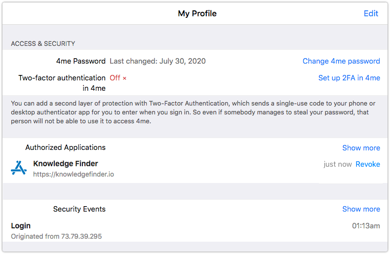 Authorized Applications in the Access & Security section of My Profile